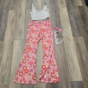 Hippy Flower girl  teen costume with accessories bell bottoms pink white xs